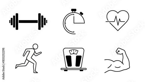 Health and fitness icons representing exercise, weight loss, and a healthy heart.