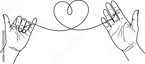 Two hands are connected by a single thread forming a heart shape in the center