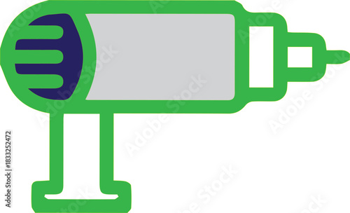 Bright green and blue stylized illustration of a power drill tool with a gray central body