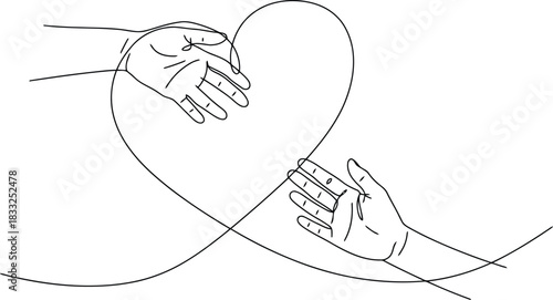 Two hands drawn with a single continuous line elegantly forming a heartwarming symbol of love and connection