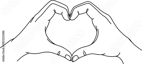 Two hands form a loving heart shape with fingers connecting in a simple line drawing style
