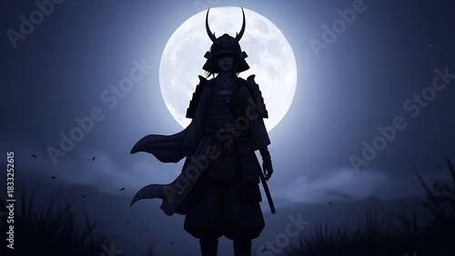 Silhouette of a Samurai Warrior Standing Before a Full Moon.