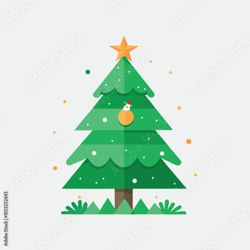 A Festive Flat Design Illustration of a Decorated Christmas Tree Adorned with a Star and Baubles