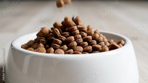 CloseUp Of Dry Pet Food Kibble Pouring Into White Ceramic Bowl On Light Wood Floor With Soft Natural Lighting And Shallow Depth Of Field