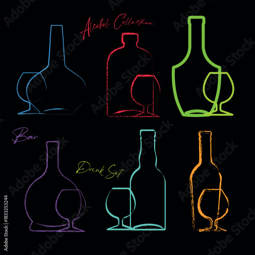 Alcohol bottles set, hand-drawn outline, line art on a black background, strong liquor, glasses. Bar sign, restaurant poster, alcohol menu, brandy, whiskey, rum, wine, drink party, kitchen decor