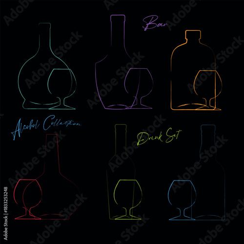 Bottles of alcohol, glasses, a collection of wine, cognac, whiskey, and rum, hand-drawn line art, outline images. Dark background, neon colors, lettering, restaurant banner, alcohol menu, tasting, nig