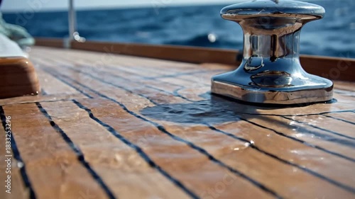 CloseUp of Gleaming Chrome Winch on Wet Teak Deck of Sailing Yacht Splashing Water on a Sunny Day at Sea