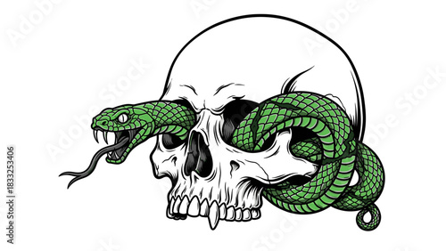 A skull with a green snake coiling through its eye sockets, tongue out.