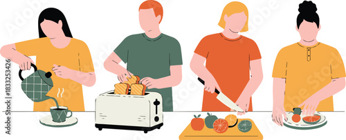 Group of People Preparing Breakfast Vector Illustration Food Preparation Toasting Slicing Fruits Breakfast Preparation Culinary Scene Together