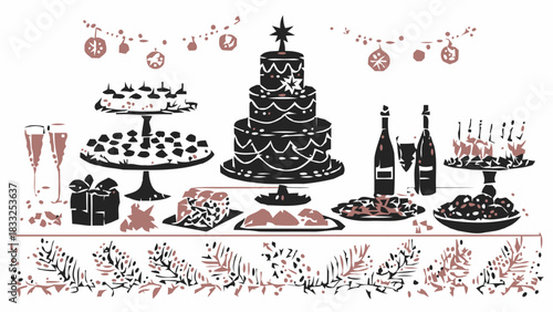 Elegant dessert display for festive celebrations, featuring a tiered cake, champagne, gift and delicious treats, perfect for holiday events and joyous occasions