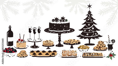 Festive holiday dessert buffet with Christmas tree, wine, cake, and sweets for joyful celebrations and family gatherings, perfect for seasonal promotions