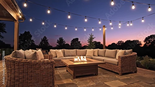 Cozy Patio Evening Scene With A Large Sectional Sofa And Fire Pit Under String Lights During Dusk With Starry Sky And Silhouette Trees In The Background