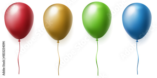 Air balloons isolated on white background. Realistic vector illustration. Set of colorful balloons: red, gold, green, and blue with ribbons for festive design.