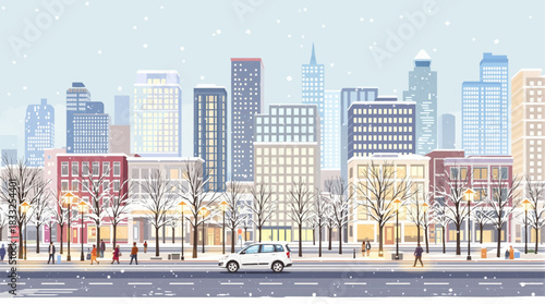 Snowy city skyline with bright winter streets and walkers. Modern winter skyline glowing under soft falling snow. Frosty urban view filled with colorful tall buildings