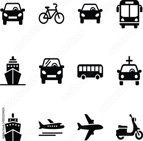 Collection of Transportation Icons on White Background Keywords: car, bicycle, bus, taxi, ship, airplane, scooter, vehicle, transport, travel