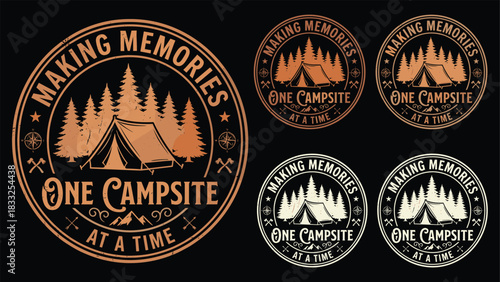 Camping Badge Set Featuring Tent, Trees, Mountains, and Adventure Icons for Outdoor Gear Branding, Travel Promotion, and Nature Enthusiasts