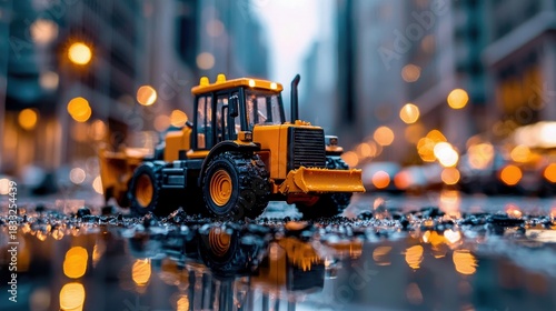 A toy yellow bulldozer sits on a wet street, reflecting the lights of the city in a bokeh effect. The image is taken at eye-level.