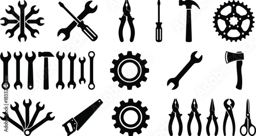 Collection of Hand Tool Silhouettes Featuring Wrenches, Screwdrivers, Gears, and Mechanical Icons for Repair, Construction, and Industrial Design Projects