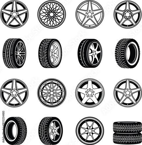 Collection of car wheels and tires with diverse rim designs, tread patterns, and sidewall styles for automotive design and customization