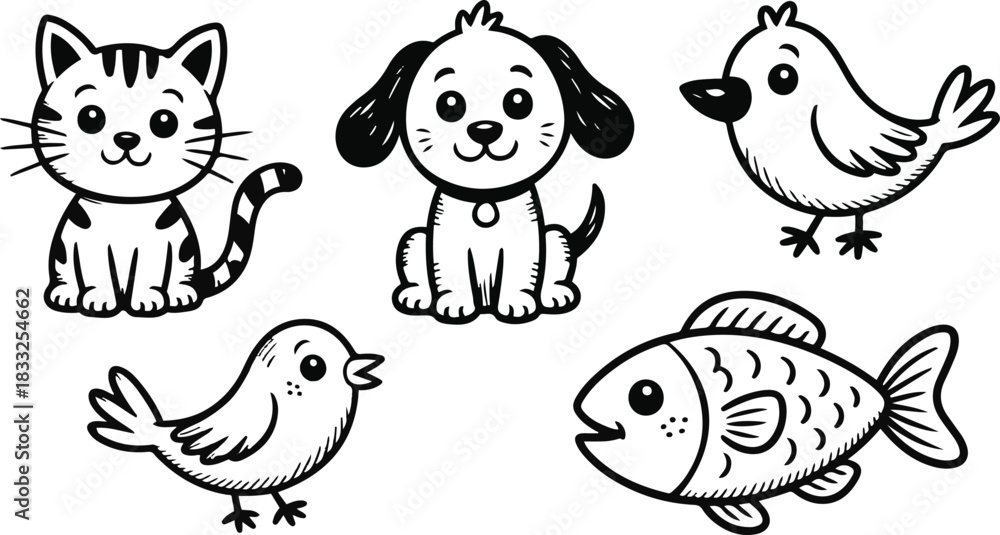 Obraz premium Hand Drawn Animals with Cat, Dog, Birds and Fish in Black and White on Transparent Background Exactly 130 Characters for Kids