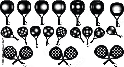 Padel Racket Silhouette Set Featuring Upright, Tilted, and Crossed Designs for Sports Equipment Graphics, Branding, and Athletic Projects