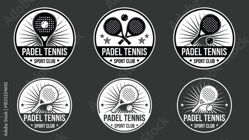 Padel Tennis Club Logo Set Featuring Racket and Ball Designs for Sports Branding, Athletic Promotion, and Equipment Marketing Graphics