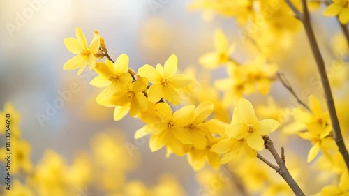 Closeup of bright yellow forsythia flowers blooming on a branch with a soft, blurred background in early spring light 4k video