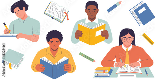 Group of Students Reading Books and Learning at the Table, Vector Illustration Isolated on Transparent Background, Education and Knowledge