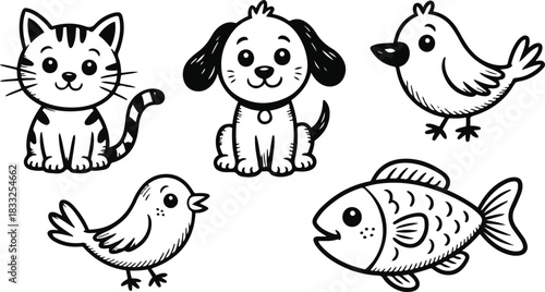 Hand Drawn Animals with Cat, Dog, Birds and Fish in Black and White on Transparent Background Exactly 130 Characters for Kids
