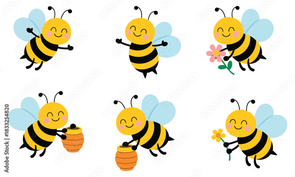 Obraz premium Cute Smiling Honey Bees In Flat Cartoon Vector Style Holding Honey Pots And Flowers In A Playful Spring Insect Illustration Set Designed For Kids Design, Creative Craft Assets, And Fun Decorative