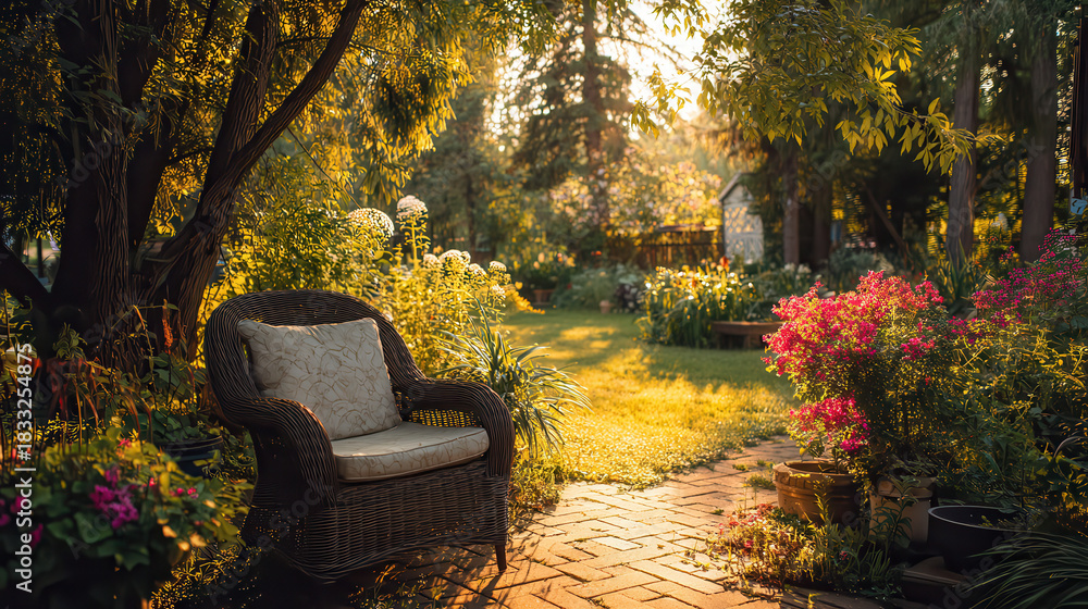 Fototapeta premium Tranquil garden scene with wicker chair bathed in golden sunlight