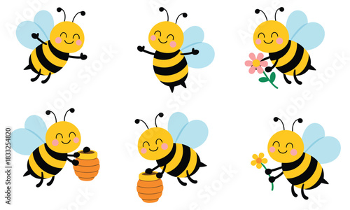 Cute Smiling Honey Bees In Flat Cartoon Vector Style Holding Honey Pots And Flowers In A Playful Spring Insect Illustration Set Designed For Kids Design, Creative Craft Assets, And Fun Decorative