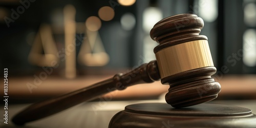 Gavel on judge's desk in courtroom