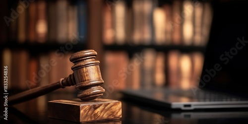 A gavel sits on a wooden block in a library