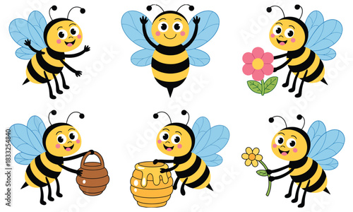 Cute Smiling Honey Bees In Flat Cartoon Vector Style Holding Honey Pots And Flowers In A Playful Spring Insect Illustration Set Designed For Kids Design, Creative Craft Assets, And Fun Decorative