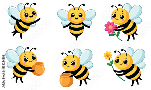 Cute Smiling Honey Bees In Flat Cartoon Vector Style Holding Honey Pots And Flowers In A Playful Spring Insect Illustration Set Designed For Kids Design, Creative Craft Assets, And Fun Decorative