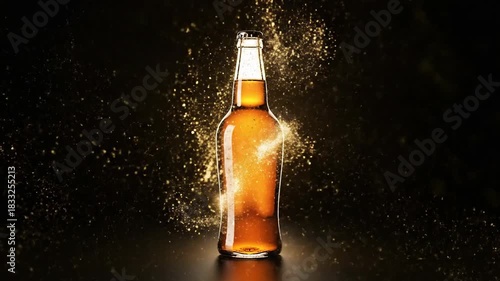 Dynamic reveal of a premium dark bottle with golden light rays and sparkling particles.