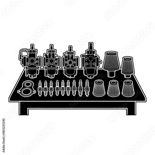 Motorcycle Carburetor and Spark Plug Kit for Engine Maintenance.