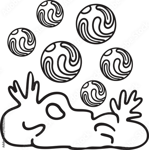 Illustration of simple black and white line art drawing of a happy cartoon character lying down while colorful swirling patterned balls float above its head