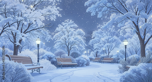 Peaceful snowy park glowing softly under winter night sky. Serene winter night path lit by warm lamps and frosted trees. Quiet snowy park scene illuminated by gentle night lights