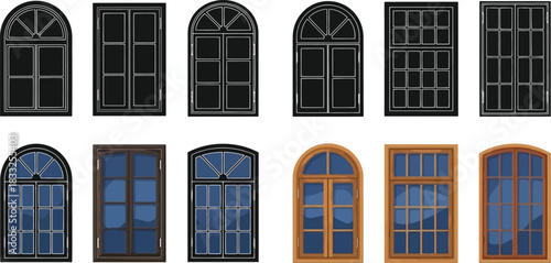 Collection of various arched and rectangular window frame designs isolated on white