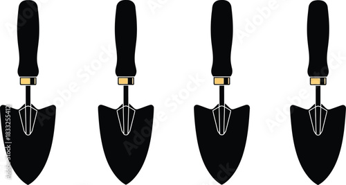 Four black gardening trowels with yellow and black colored handles displayed