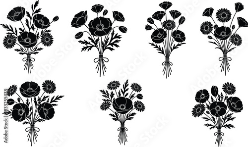 Black and white floral arrangements of poppies and similar blooms displayed artfully