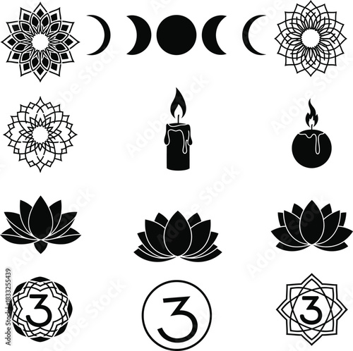 Spiritual and Celestial Symbols Collection Keywords: moon phases, mandala, lotus flower, candle, number three, spiritual, celestial, symbol, icon