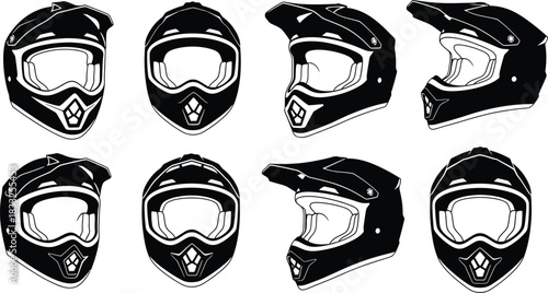 A collection of black motocross helmets displayed in varied perspectives