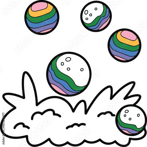 Illustration of cute cartoon drawing of colorful striped planets or balls floating above a whimsical white cloud outline with craters