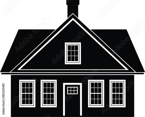 Simple black silhouette of a classic house with a chimney and windows
