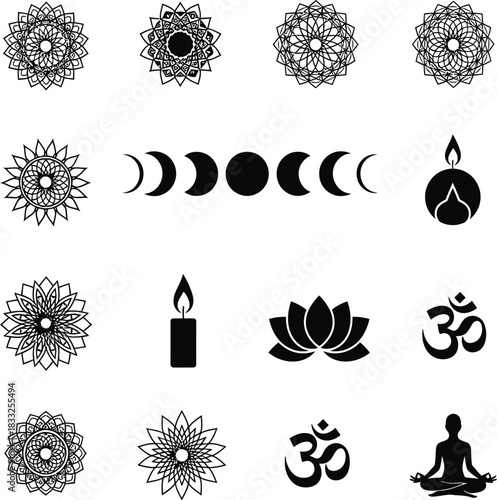 Spiritual and Meditative Symbols in Black Silhouette