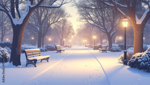 Peaceful snowy park glowing under warm winter night lights. Quiet winter pathway lit by golden lamps in snowfall. Serene snowy night park with glowing benches and trees