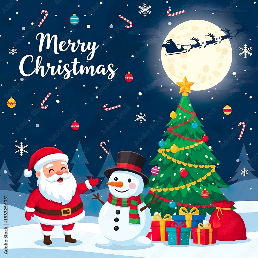 Fototapeta premium Christmas poster design with santa claus and snowman